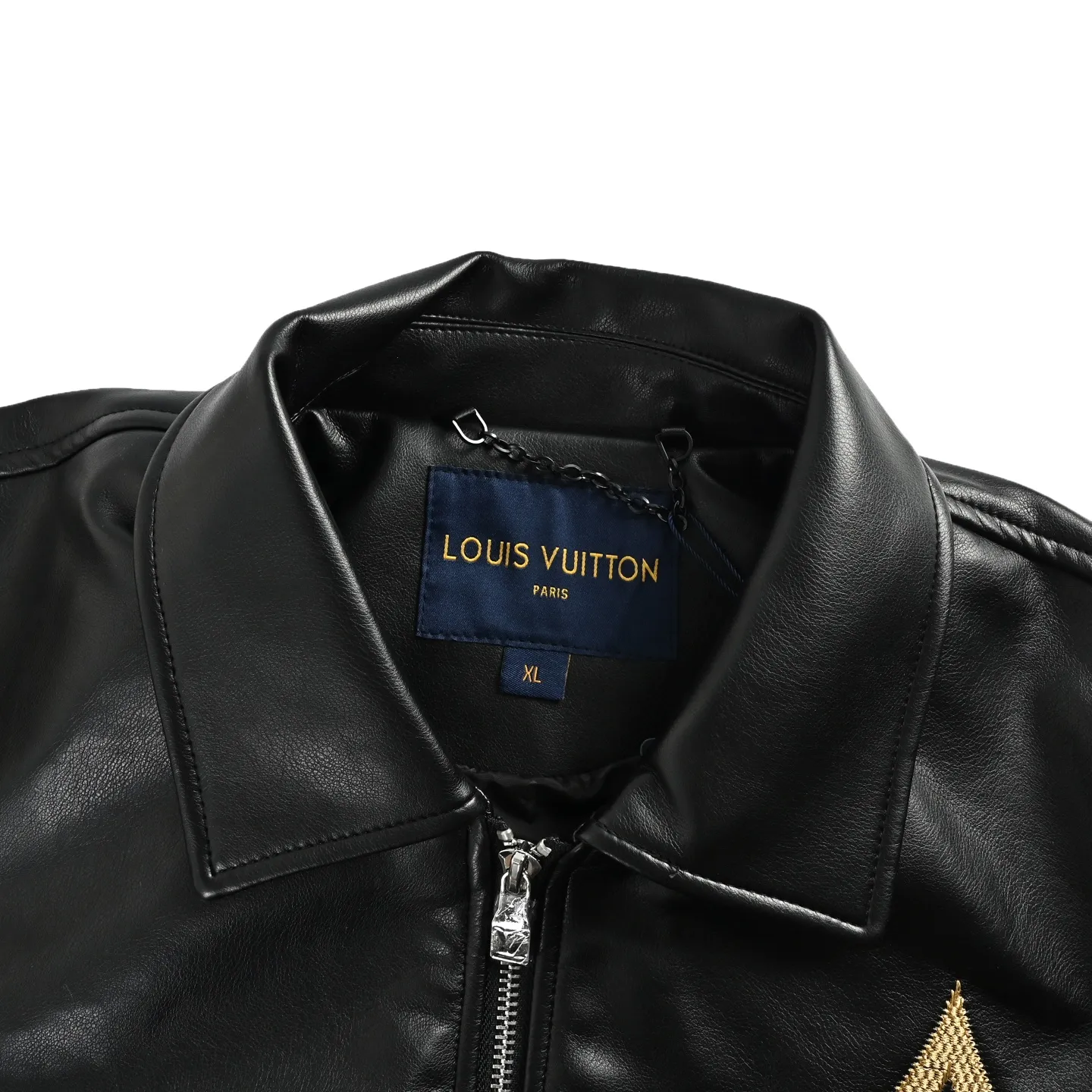 Louis Vuitton/Louis Vuitton black gold embroidered logo lapel leather jacket